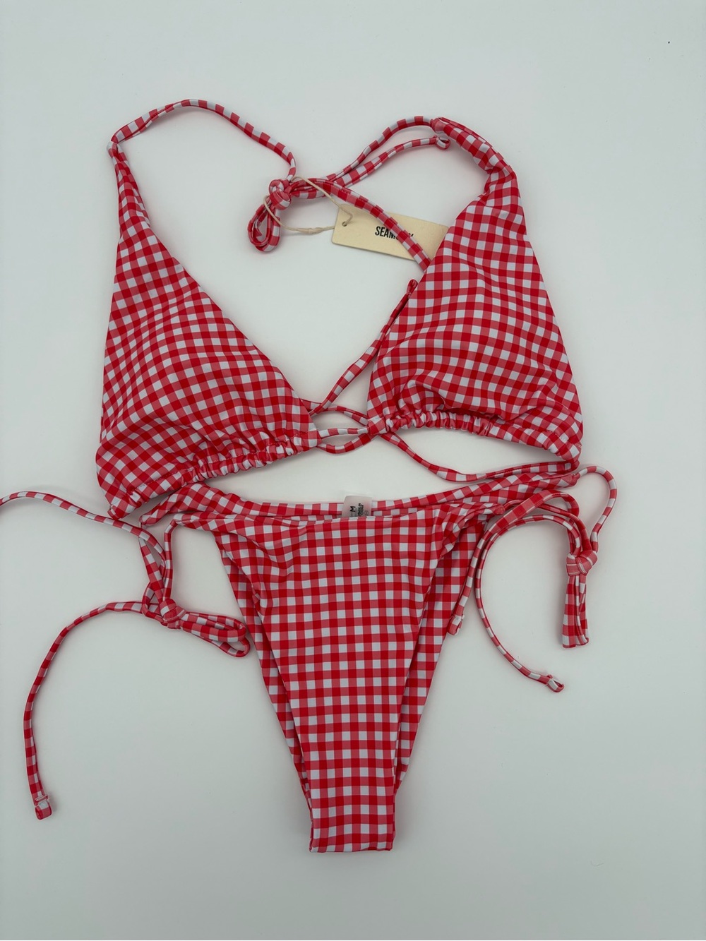 Red Gingham Tie-Side Bikini Set - Classic Swim Top & Bottom NWT